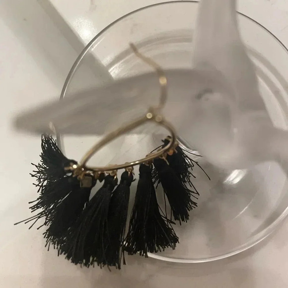 BLACK FRINGE DROP TEARDROP HOOP EARRINGS GOLD TONE FUN AND FESTIVE - Picture 6 of 10